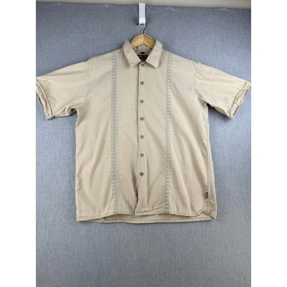 Salty G Men XL Beige Embroidered Button‎ Front Camp Shirt Cotton Casual Vacation